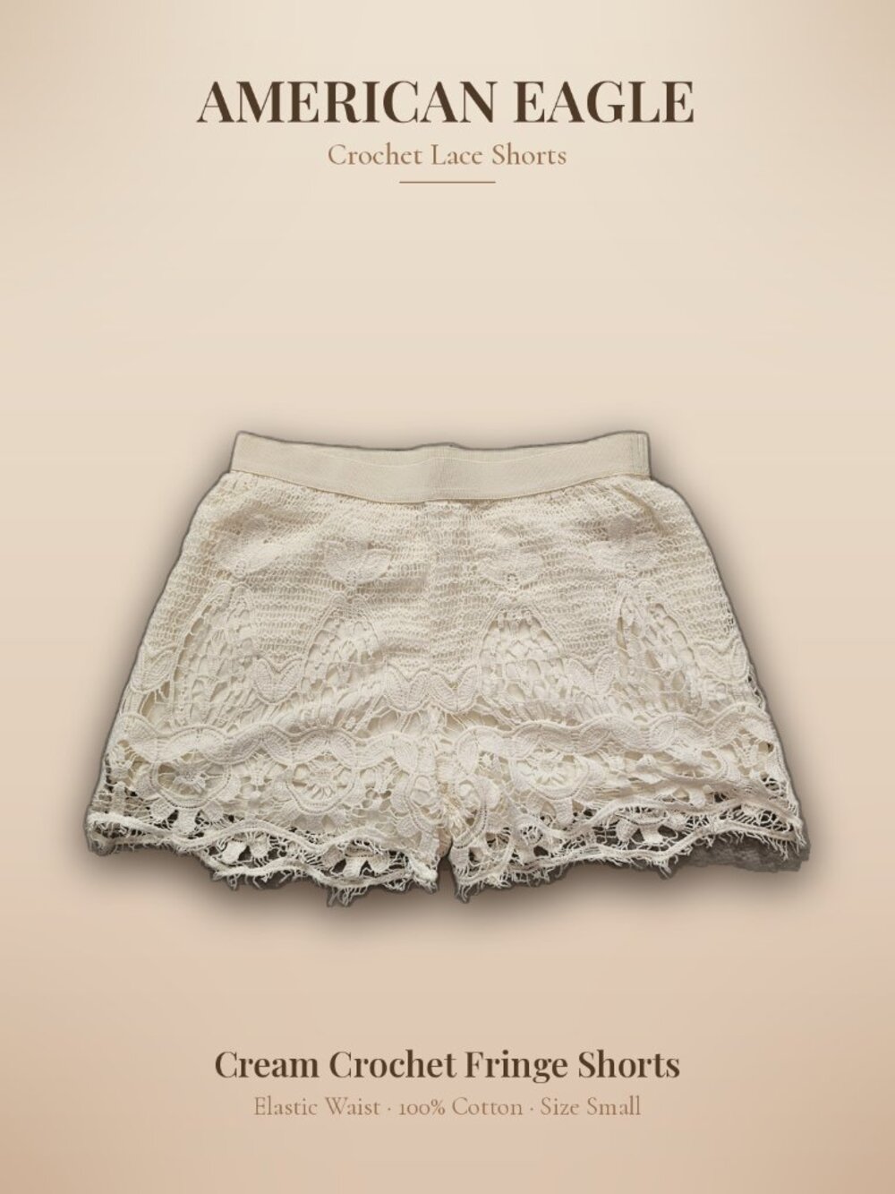 American Eagle Ivory Crochet Lace Shorts Scalloped Fringe Hem Size Small